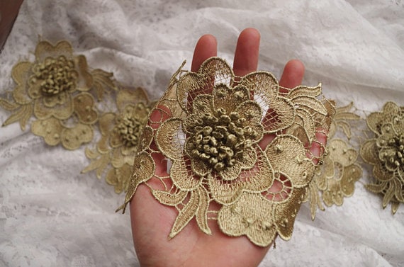 Metallic Gold Lace Trim With 3D Flowers Gold Guipure Lace Trim