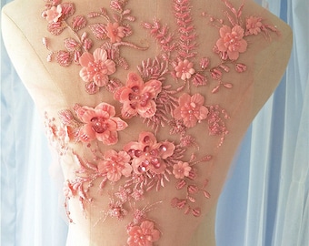 pink heavy bead lace applique, 3D lace applique with beads, 3d flower applique for haute couture, heavy embroidered lace applique