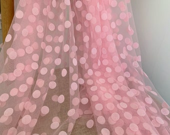 Pink soft tulle fabric with big polka dots