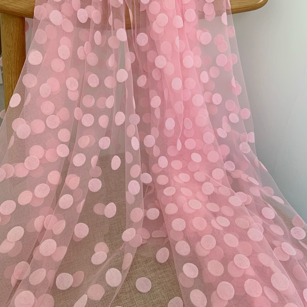 Pink soft tulle fabric with big polka dots