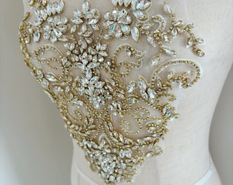 Gold Rhinestone applique for sweet heart neckline, large rhinestone applique for couture dance costume