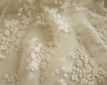 ivory Lace Fabric, cotton Embroidered tulle Lace fabric, Bridal Lace Fabric, photography backdrop prop, mesh lace fabric by the yard