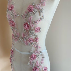 Pink rhinestone appliqué with 3d florals for couture, dance costume, bridal headpiece image 2