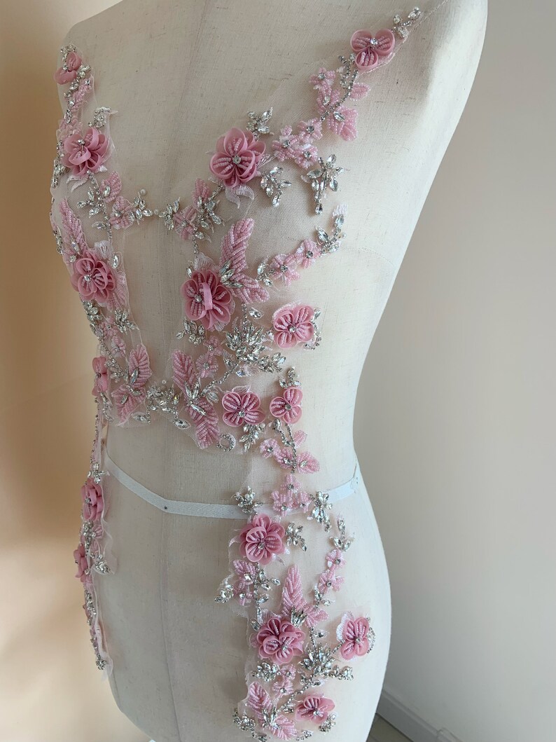 Pink rhinestone appliqué with 3d florals for couture, dance costume, bridal headpiece image 2