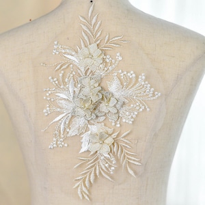 light champagne lace applique, heavy bead lace applique, 3D lace applique with pearls, bridal applique, 3d floral, 3d flower applique