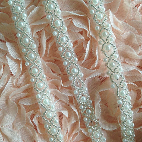 beaded lace trim in ivory, pearl lace trim, for bridal sash, bridal belt, wedding dress lace