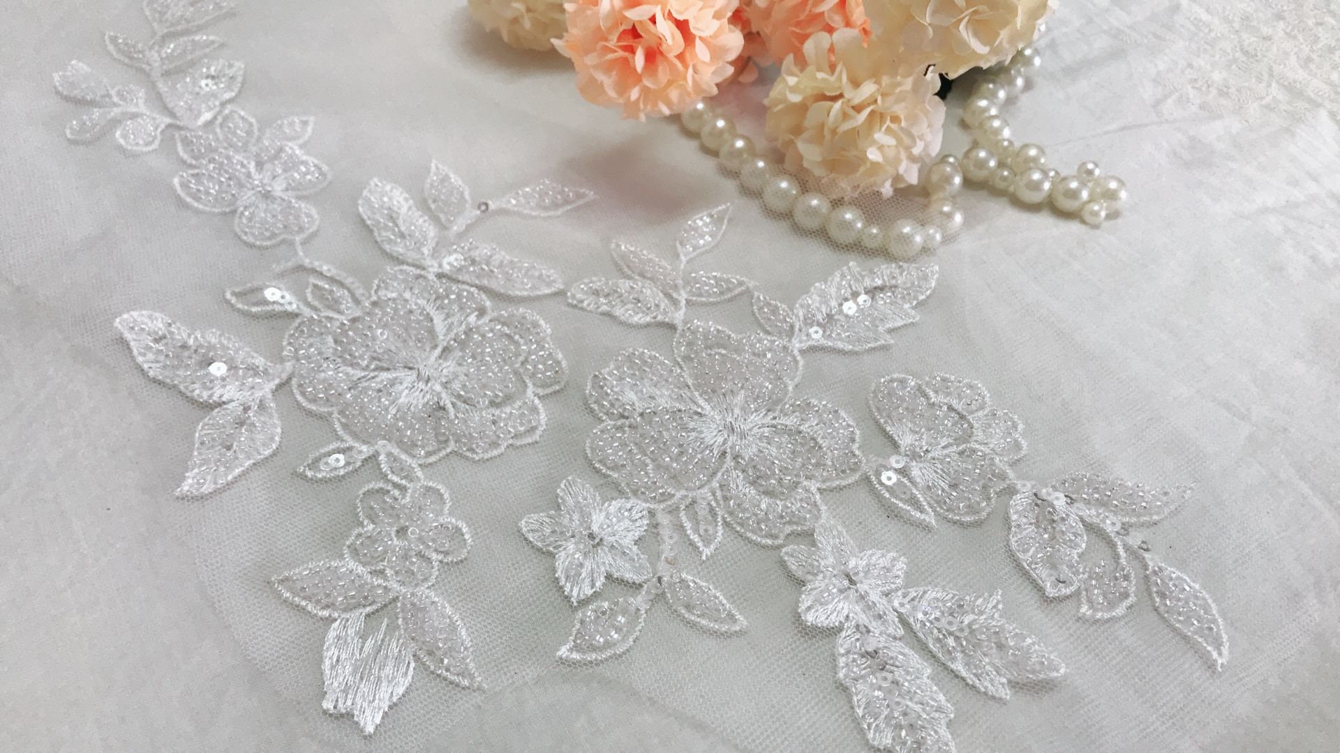 3d Bead Flower Motif Lace Applique Heavy Bead Lace Applique Etsy