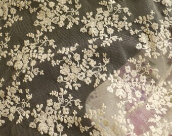 Tela de encaje marfil, tela de encaje de tul, encaje de malla bordada beige, tela de encaje nupcial, tela de encaje de malla