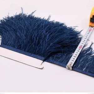 May include: A blue ostrich feather trim with a satin backing. The trim is measured with a tape measure, showing it is 10 inches long.