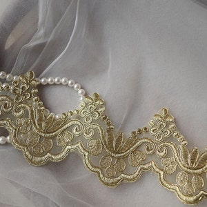 gold lace trim, gold alencon lace trim, gold scalloped lace in gold, gold cord lace by the yard for bridal veil image 4