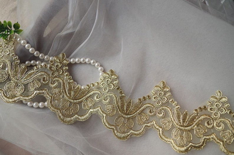 gold lace trim, gold alencon lace trim, gold scalloped lace in gold, gold cord lace by the yard for bridal veil image 4