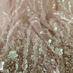 dust pink sequined tulle lace fabric by the yard for dress, heavy bead tulle lace fabric