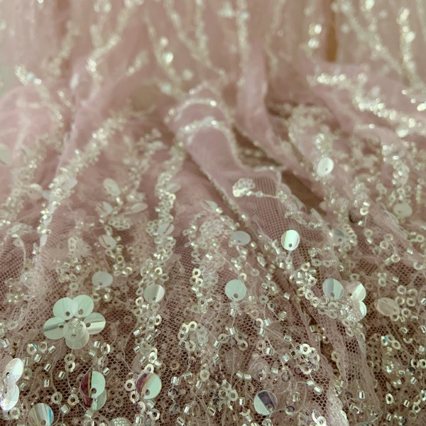 dust pink sequined tulle lace fabric by the yard for dress, heavy bead tulle lace fabric