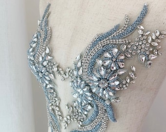 Pale blue handmade rhinestone applique for bridal sash, bridal headpiece, dance costume
