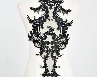 black Lace Applique, embroidered bodice lace applique, lace bodice for bridal dress altering, lace bodice, lace supplies
