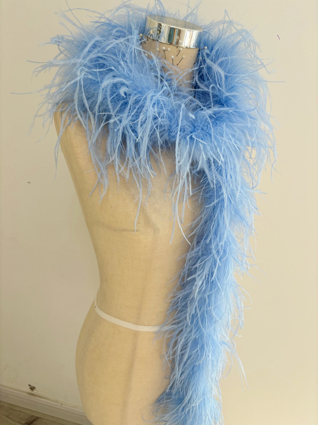 3 Ply Light Blue Ostrich Feather Boa for Dress, Extra Dense Natural