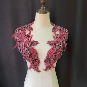 Wine red Rhinestone bead applique, heavy bead handmade rhinestone applique for couture, rhinestone garment accessory