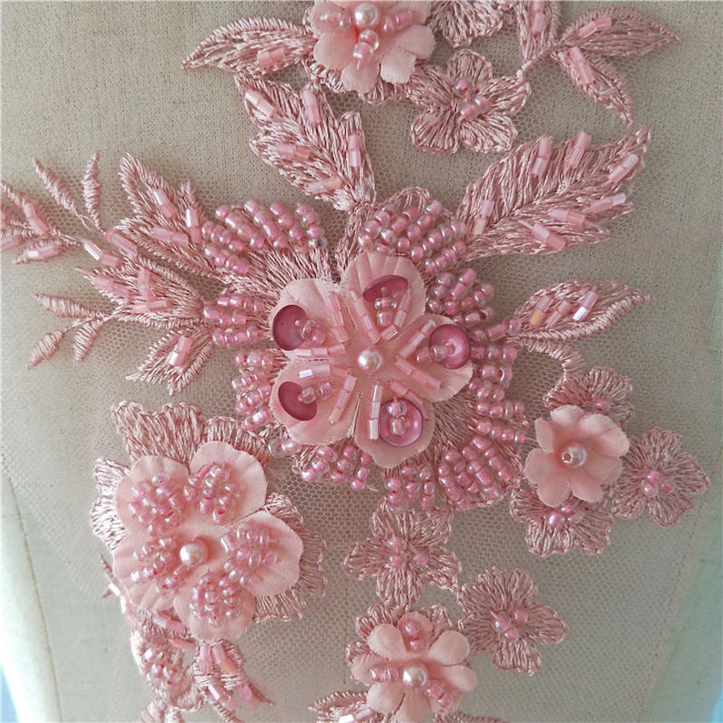 Pink Heavy Bead Lace Applique 3D Lace Applique With Beads 3d Etsy