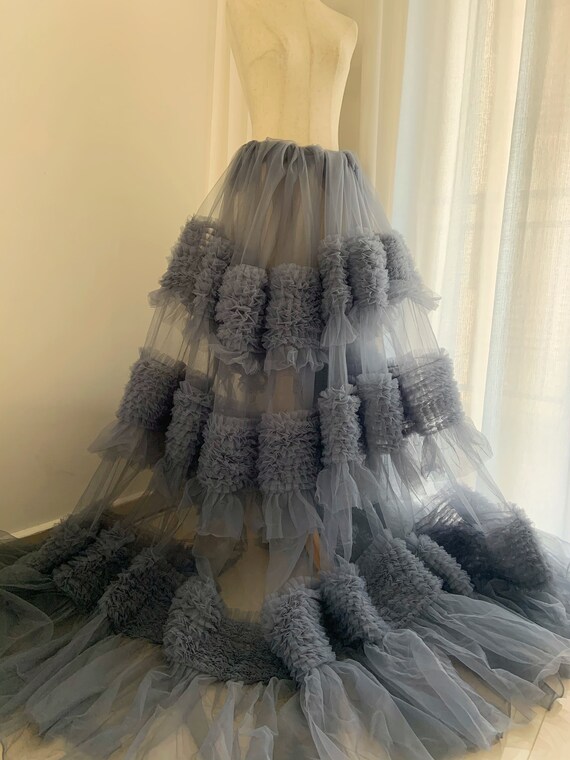 Soft Tulle Ruffle Fabric, Puffy Cake Dress Fabric, Dust Blue Soft Tulle Ruffle Fabric, Puffy Cake Dress Fabric, Dust Blue