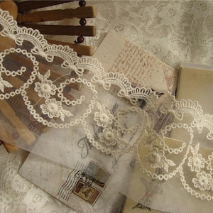 ivory lace trim , cotton embroidered mesh lace with scalloped trim