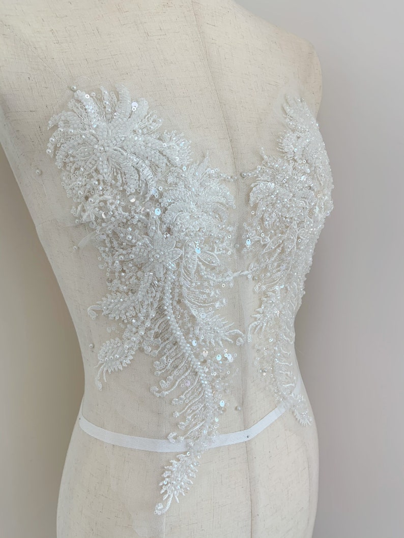 2pcs Off white bead florals lace applique, heavy bead lace applique, 3D lace applique with rhinestones, bridal applique, 3d flower applique image 4