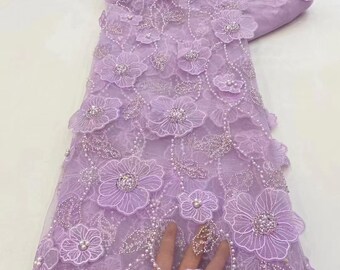 Lavender purple Heavy bead lace fabric with 3d flowers