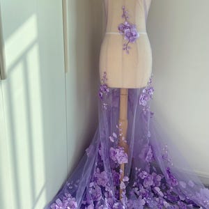 Purple Tulle fabric with 3d flowers, beaded fabric with 3d floral for ball gowns, dress, costumes