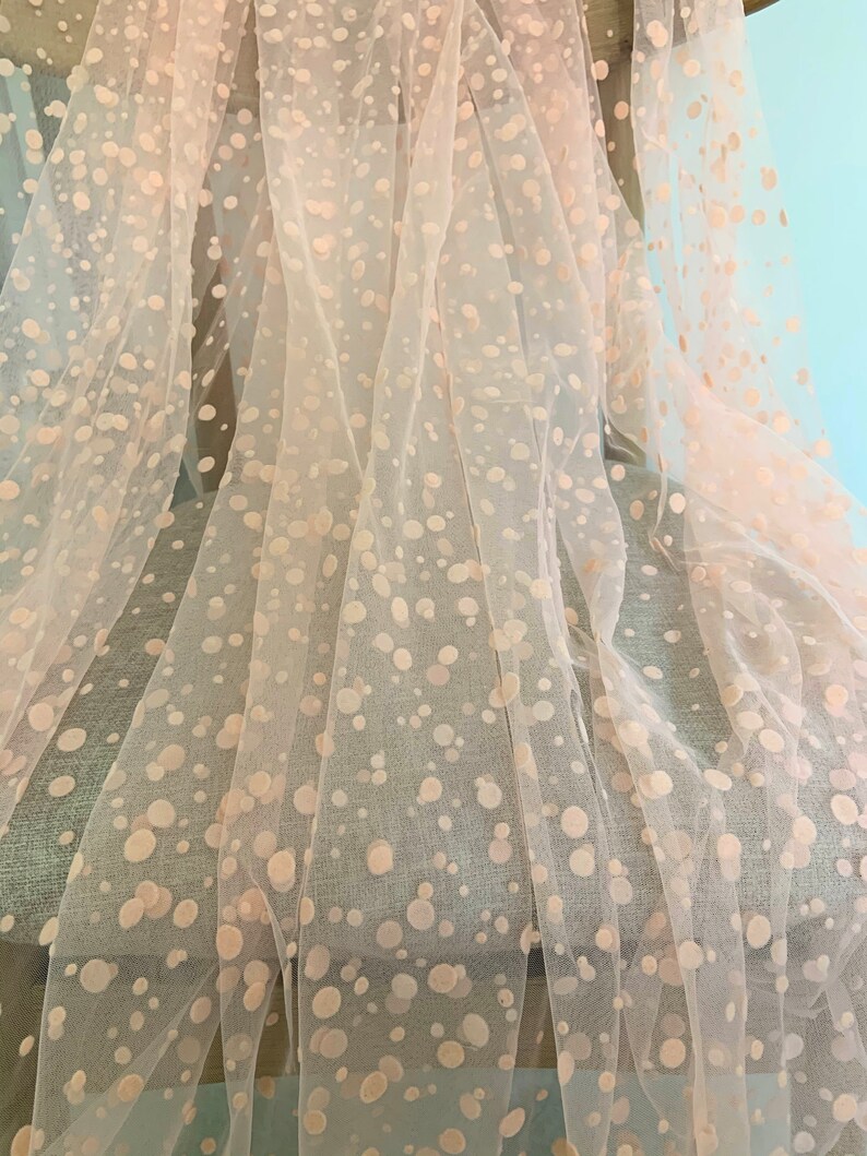 Peach pink polka dotted tulle fabric image 5