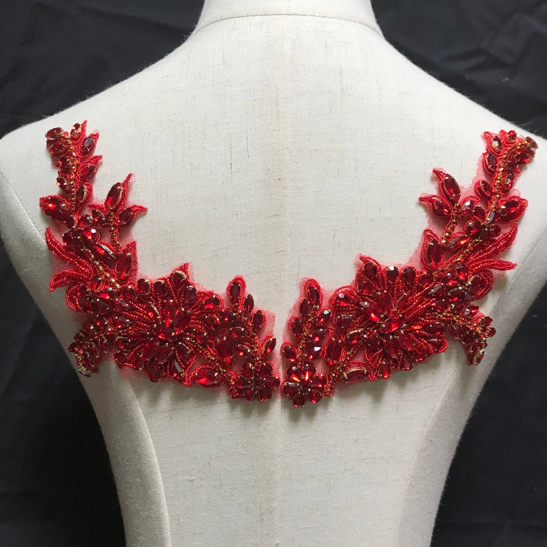 heavy bead handmade rhinestone applique for couture 2pcs Red Rhinestone bead applique