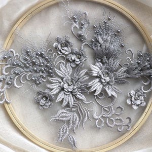 gray lace applique, heavy bead lace applique, 3D lace applique with pearls and rhinestones, 3d flower applique for haute couture