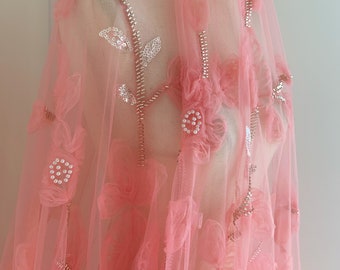Watermelon pink lace fabric with 3d flowers, beaded and sequined fabric with 3d floral for ball gowns, dress, costumes