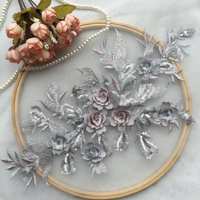 3d flower applique heavy bead lace applique 3D lace applique with rhinestones 3d wine red silk flower motif lace applique 3d floral