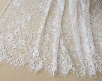 off white vory Chantilly lace fabric, French chantilly lace,wedding lace fabric with scalloped borders