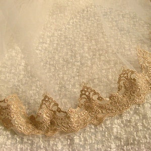 gold lace trim, gold embroidered lace trim, vintage style lace in gold, bridal lace trim, gold scalloped lace trim