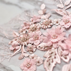 pink lace applique, heavy bead lace applique, 3D lace applique with rhinestones, bridal applique, 3d floral, 3d flower applique