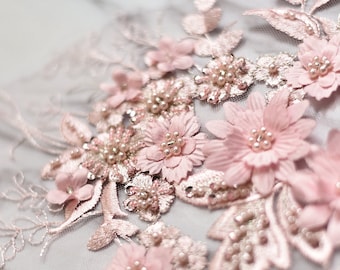 pink lace applique, heavy bead lace applique, 3D lace applique with rhinestones, bridal applique, 3d floral, 3d flower applique