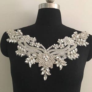 rhinestone bridal V neckline applique for bridal dress, rhinestone bead applique collar, craft bridal gown supplies, crystal collar applique