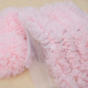 pink frill lace trim, dense ruffled lace trim, ruffles lace trim, tutu mesh lace trim, doll dress trim, baby tutu trim, pleated tulle trim
