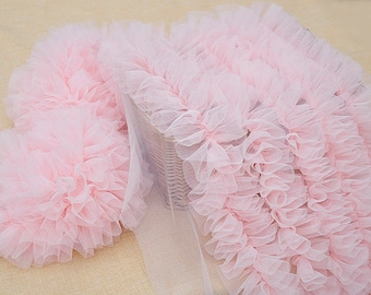 pink frill lace trim, dense ruffled lace trim, ruffles lace trim, tutu mesh lace trim, doll dress trim, baby tutu trim, pleated tulle trim