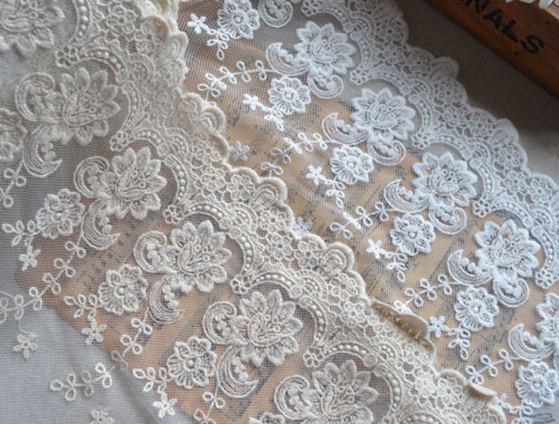 Off White Luxury Cotton Embroidered Wedding Lace Trim Roses Wedding Dress Bridal Dress Bra Lace Trim Mesh Supplies 2 yards image 2