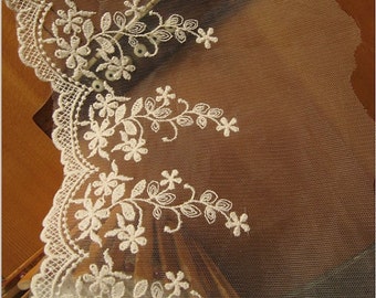 ivory lace trim , cotton embroidered mesh lace with scalloped trim, embroidered tulle lace trim, scalloped lace trim