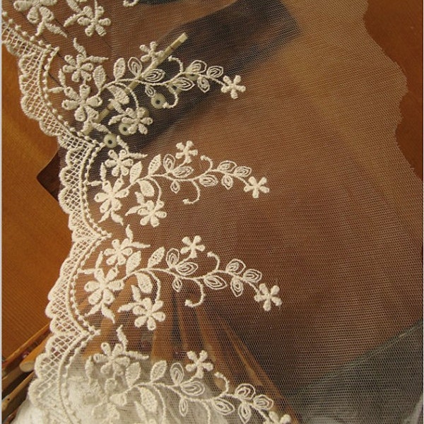 ivory lace trim , cotton embroidered mesh lace with scalloped trim, embroidered tulle lace trim, scalloped lace trim