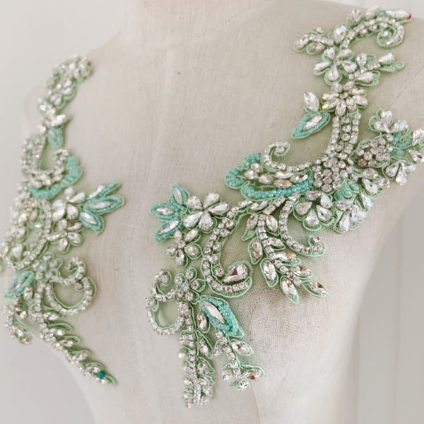 One pair Mint Green Rhinestone applique with florals motif for couture, dress, costume