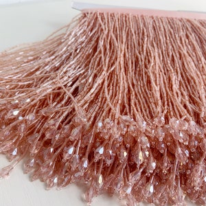 Peach Pink bead Fringe trim for haute couture, handmade bead tassel trim for dance costume