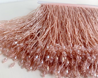 Peach Pink bead Fringe trim for haute couture, handmade bead tassel trim for dance costume