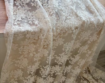 Ecru Embroidered tulle lace fabric with flowers patterns, elegant mesh fabric with cotton embroideries