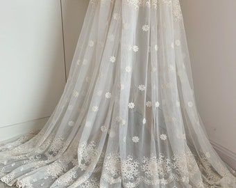Embroidered tulle lace fabric with florals, ecru tulle fabric with flowers embroidery for christening dress