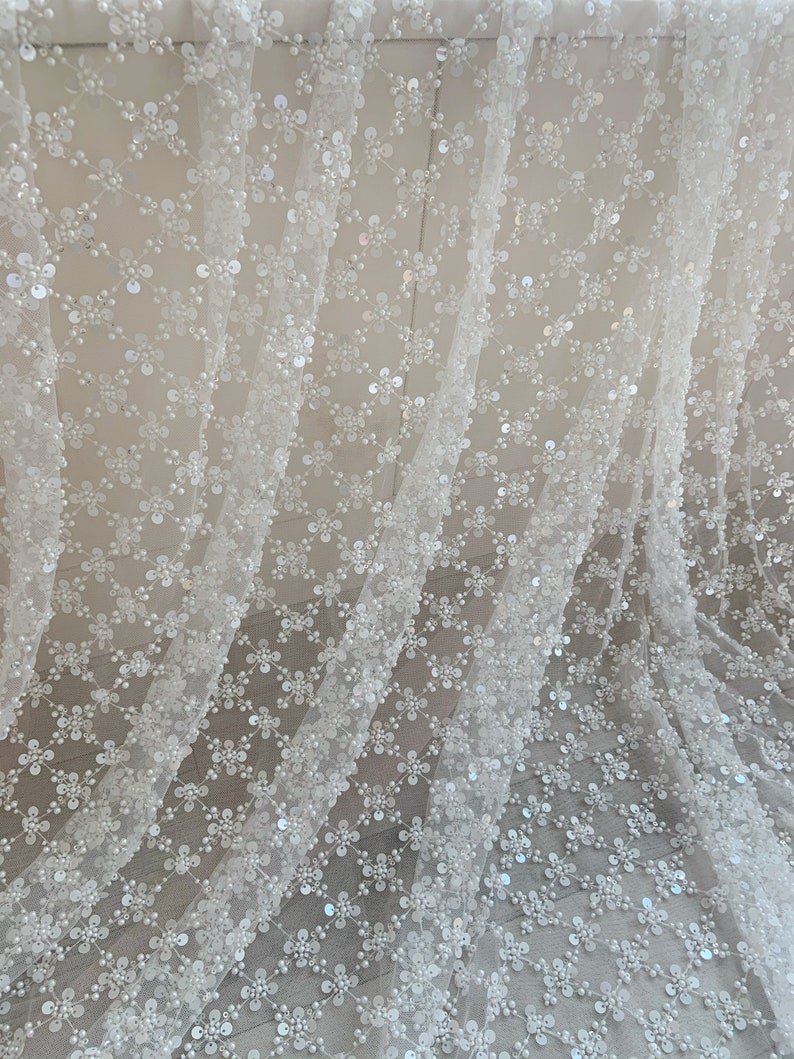 Tela francesa de lentejuelas y encaje de cuentas cortada a medida para vestido de novia, tela de encaje de tul de cuentas pesadas imagen 7