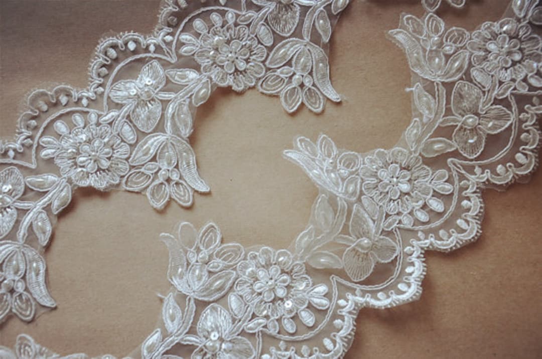 White Pearl Beaded Lace Trim, Bead Alencon Lace Trim, Ivory