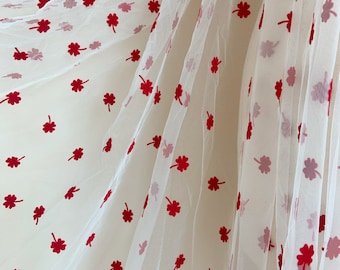 Off white tulle Lace fabric with red velvet lucky grass, flocking flowers tulle fabric